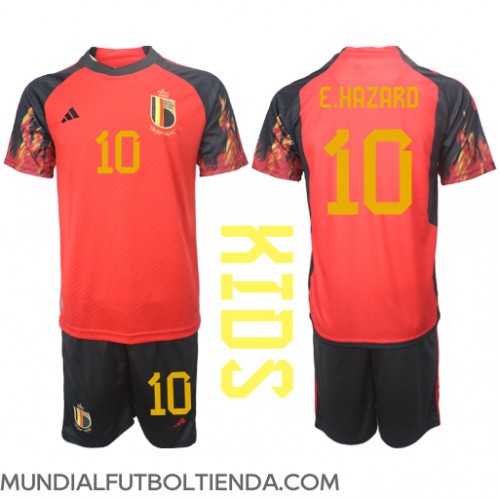 Camiseta Bélgica Eden Hazard #10 Primera Equipación Replica Mundial 2022 para niños mangas cortas (+ Pantalones cortos)